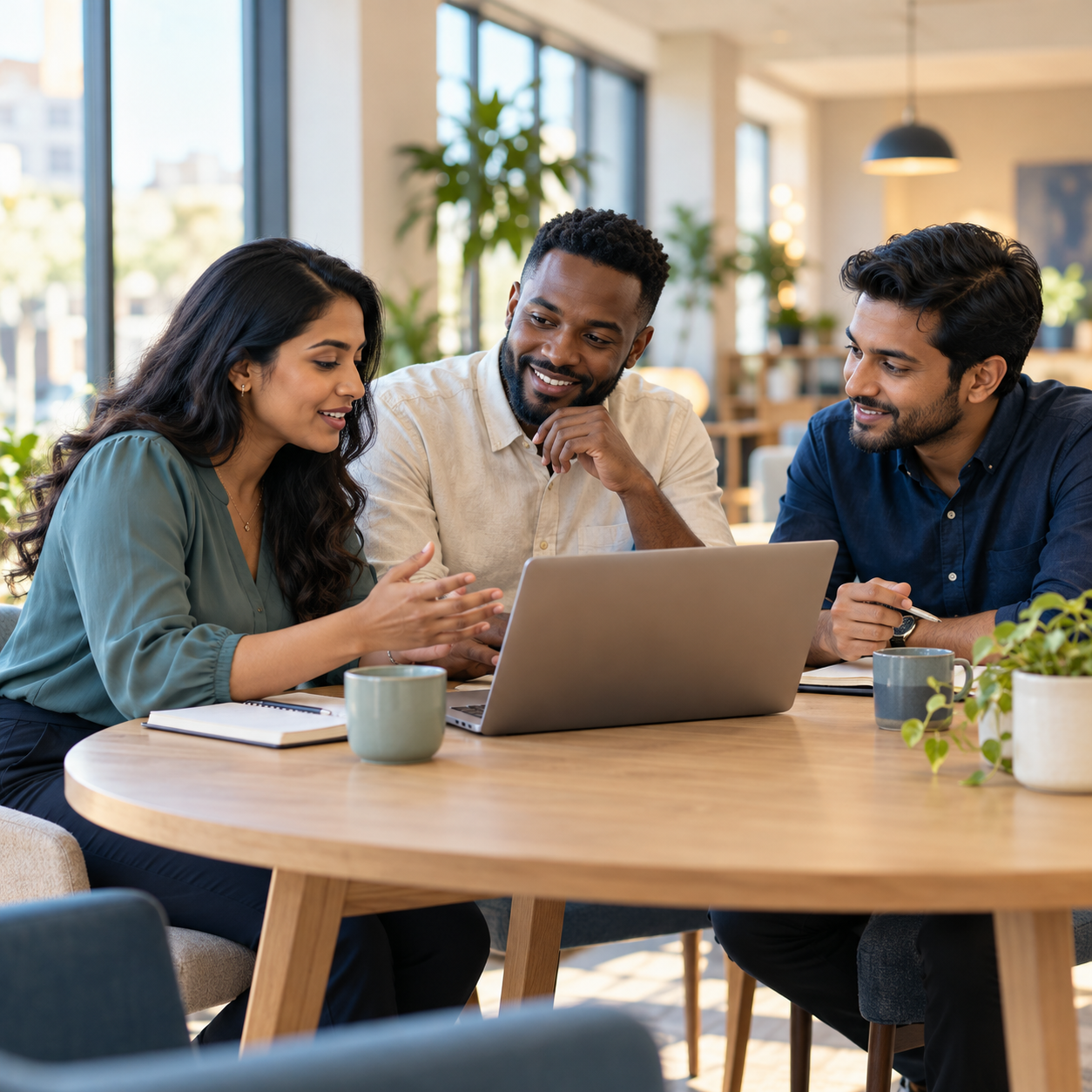 AI-generated illustration of professionals collaborating around a laptop